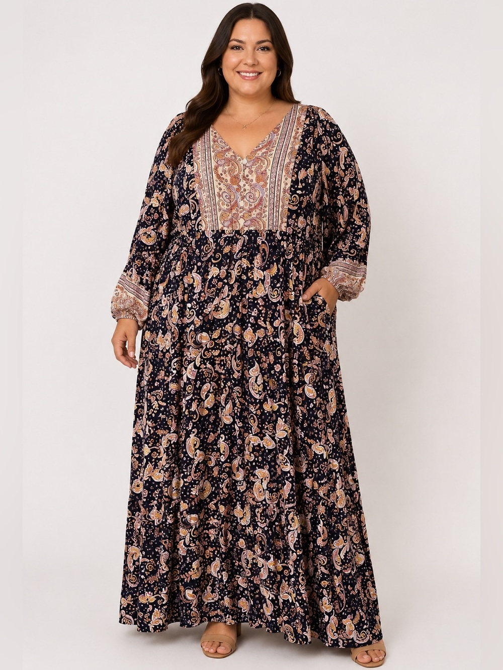 Aveology Elodie Border Paisley Maxi Dress Plus Size NWT